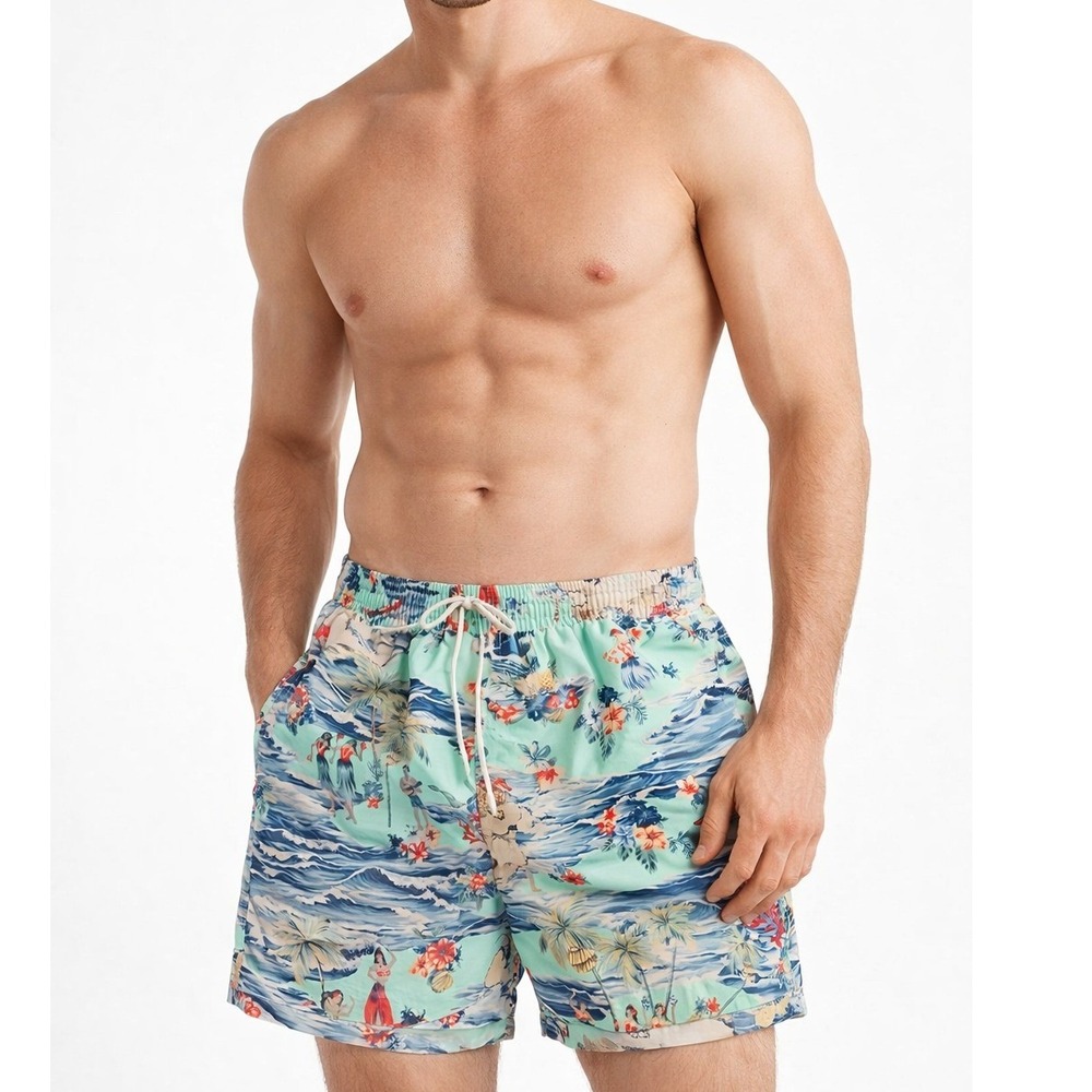 Polo Ralph Lauren Swim Trunks Hawaiian Print Blue Green Men's L